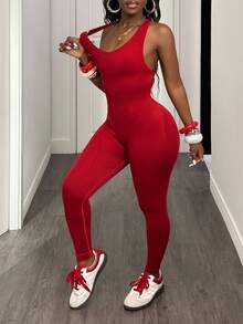 Slaydiva Women's Solid Color Minimalist Sleeveless Sexy Sport Jumpsuit, Casual Everyday Wear - Burgundy - View 2