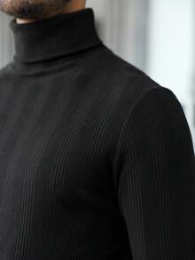 Manfinity CasualCool Men's Casual Solid Color Turtleneck Slim Fit Versatile Long Sleeve T-Shirt, Fall - Black - View 5