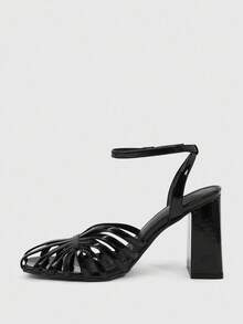 CUCCOO SZL Women's Square Toe Chunky Heel Black PU Leather Slip-On Flats, Fashionable Minimalist Comfortable For Daily Wear And Occasions