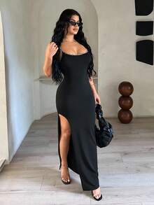 SHEIN SXY Women's Sexy Leopard Print Color Block High Slit Cami Dress, Leopard Trim Dress, Split Thigh Dress, Tight Long Dress, Black Club Dress,Sexy,Club,Party,Going Out,Black Dress,Halloween