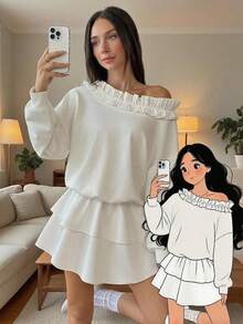 SHEIN LUNE New Women's Off Shoulder Ruffle Long Sleeve Loose Casual Hem Flounce Design Sweatshirt, Versatile For Spring/Autumn Vacation And Daily Wear, Suitable For Young Ladies