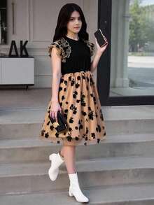 Tween Girl Floral Print Contrast Mesh Ruffle Trim Dress,Holiday Summer Travel - Multicolor - View 3