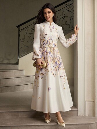 ZEYLAH Elegant Floral Print Lantern Sleeve Dress, Autumn Fall Cloth For Women