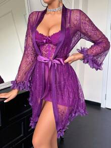 Seduluxe 2pcs Set: 3D Floral Lace Robe + Fishbone Waist Design Lace Camisole Nightgown - Purple - View 6