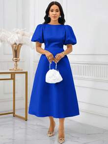 SHEIN Lady 女士优雅纯色泡泡袖连衣裙春夏优雅长袖 A 字裙主教袖白色婚礼情人节酒会大码连衣裙服装舞会礼服秋季女士连衣裙节日连衣裙白色连衣裙希腊女神裙白色毕业礼服 - 寶藍色 - 查看 7