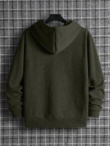 SHEIN Cottnline 100%Cotton Men Letter Graphic Pocket Drawstring Thermal Hoodie - Army Green - View 2