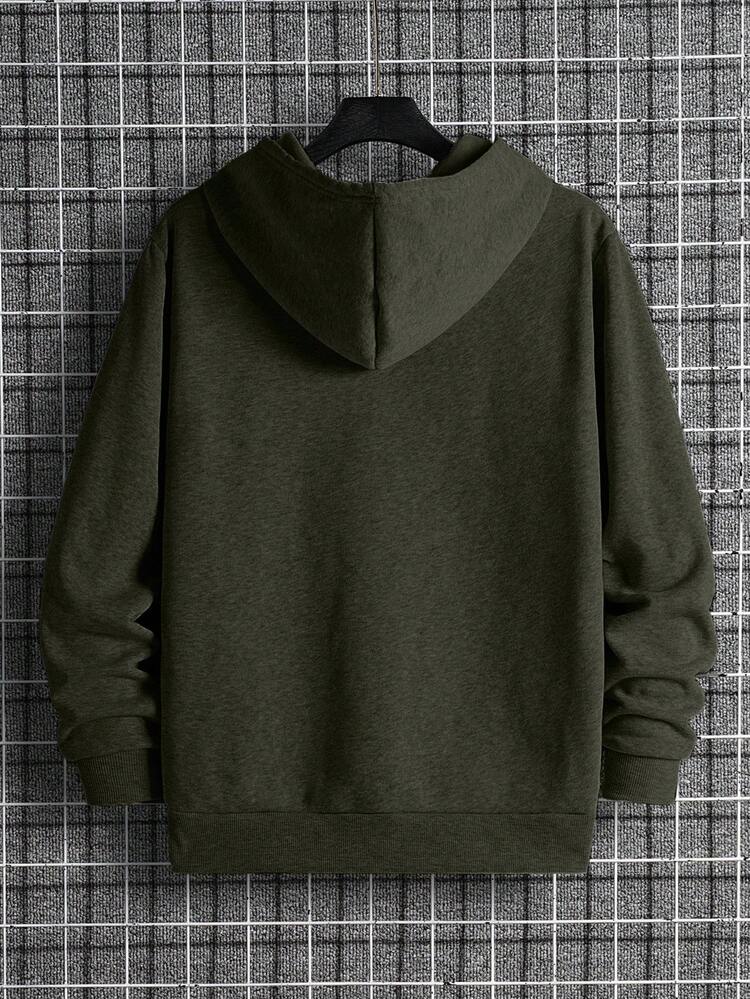 SHEIN Cottnline Sudadera con capucha térmica de algodón 100% con gráfico de letras y cordón para hombre - Verde militar - Añade 2