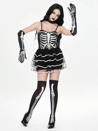 Goth Cosplay Dunkel Skelett Knochen Mesh Hosenträger Mini Tortenkleid für Frauen