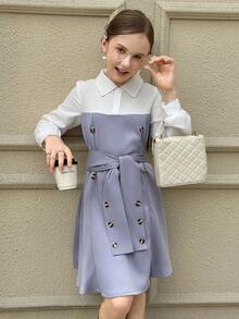 Tween Girl White Collared Button-Down Belted Dress Fall Winter - White - View 6