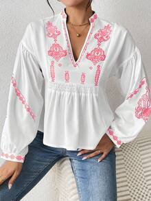 EMERY ROSE Áo sơ mi peplum tay dài in họa tiết nhún bèo cho nữ - Hồng - Xem 4