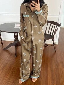 DAZY Satin Bow Print & Lace Patchwork Loose Women Pajama Set, Fall Clothes - Brown - View 1