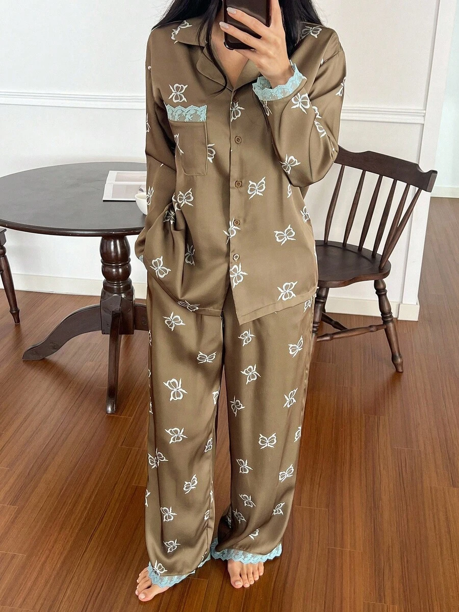 DAZY Satin Bow Print & Lace Patchwork Loose Women Pajama Set, Fall Clothes - Brown - View 1