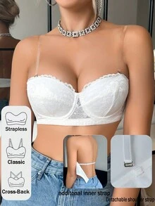 SHEIN 女士性感蕾丝钢圈聚拢文胸 - 白色 - 查看 1