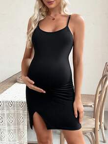 SHEIN Bộ 2 áo thun trơn cổ tròn tay dài phối gân và đầm không tay cho bà bầu, thường ngày - Nhiều màu - Xem 4