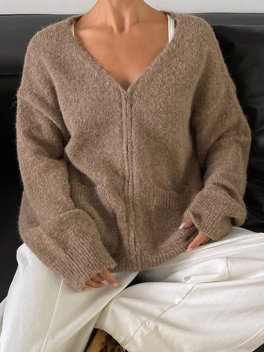 Livesso Cárdigan holgado con cremallera y cuello en V para mujer, otoño - Marrón - Ver 1