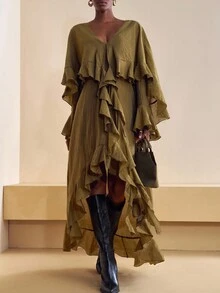 Veslaya Váy xòe bồng bềnh Bohemian cỡ lớn đầu xuân 2026 mới - xanh quân đội - Xem 2