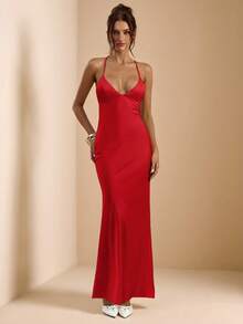 SHEIN BAE Váy đuôi cá satin dài, hở lưng, cổ chữ V sâu màu mơ và trắng, dây mảnh, dáng suông, buộc nơ, đầm thanh lịch, đầm đi nghỉ, đầm phù dâu, đầm dự tiệc sinh nhật, đầm tốt nghiệp, đầm trắng - Đỏ - Xem 5