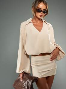 MISSGUIDED Oversized Satin Blouse With Puff Sleeves And V Neck For Spring Summer Fall Office Business Casual Elegant - Khaki - View 1