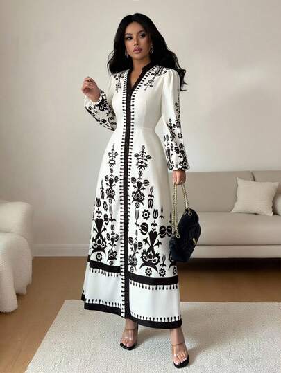 Elenzga Women's Autumn/Winter New Elegant Waist Tie Positioning Khaki Perris Print Long Sleeve Dress, Suitable For Halloween, Christmas, New Year, Thanksgiving Party, Back To School, Graduation, Casual And Commute