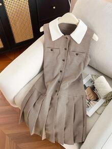 INAWLY 女士全新法式褶皱领扣无袖连衣裙