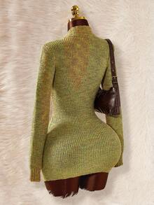 Amplova 秋冬休闲长袖深V领修身女式毛衣裙 - 彩色 - 查看 2