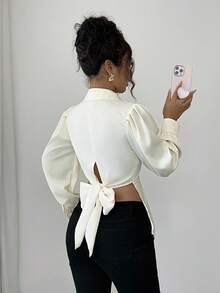 Elenzga Women's Elegant Satin V-Neck Shirt With Button Front, High-End Design Waist Cinching, Bowknot Back, Long Sleeve, Suitable For Work And Commute In Autumn - Apricot - View 2
