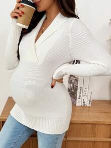 SHEIN 孕妇纯色半襟插肩袖修身罗纹毛衣