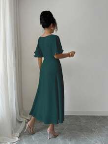 Modelyn 女式纯色奶油黄色雪纺荷叶边袖设计夏季法式度假连衣裙 - 墨綠色 - 查看 2