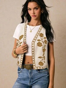 Poéselle 女士花卉刺绣牛仔背心，波西米亚风开襟牛仔背心夏季上衣 Y2k 乡村音乐会可爱夏季上衣节日 - 卡其色 - 查看 5