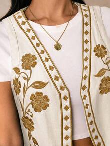 Poéselle 女士花卉刺绣牛仔背心，波西米亚风开襟牛仔背心夏季上衣 Y2k 乡村音乐会可爱夏季上衣节日 - 卡其色 - 查看 6