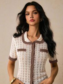 Poéselle Áo thun tay ngắn cổ polo màu tương phản dành cho nữ vào mùa thu/đông - Lạc đà - Xem 8