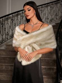 SHEIN Unity 女士时尚优雅仿毛领披肩 - 米色 - 查看 6