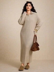 Elaquor 大码女式纯色落肩半拉链休闲针织超长毛衣裙长袖长裙毛衣裙女式针织超长裙秋冬女装