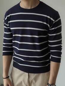 Manfinity Homme 男士 Old Money 休闲条纹圆领毛衣，秋季男士长袖毛衣，冬季 - 彩色 - 查看 6