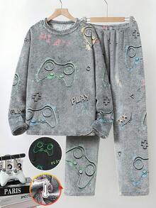 Teen Boys Glow-In-The-Dark Gaming Graphic Print Fleece Crew Neck Long Sleeve Top And Pants 2 Pieces Pajama Set, Suitable For Everyday Wear Fall Winter Boys Pajamas