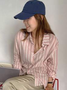 DAZY 女式宽松常规条纹领衬衫，春夏秋季上衣长袖上衣 - 粉色 - 查看 4