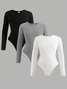 Bộ đồ liền thân 3 món cổ tròn tay dài đơn giản, mặc ở nhà cho bé gái tuổi teen, chất liệu thun co giãn cao, lót nhiệt, màu trơn, đen/trắng/xám, thích hợp cho hoạt động giải trí và thể thao - Nhiều màu - Xem 6