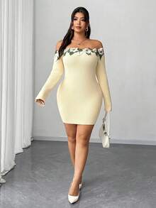 Elenzga 大码女式露肩长袖刺绣花卉装饰修身腰部修身优雅浪漫毛衣裙，秋冬 - 彩色 - 查看 6