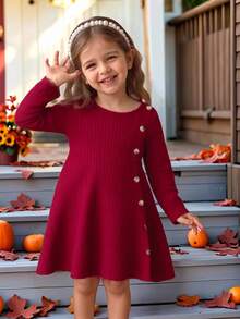 LMoss Kids LMoss 女婴纯色针织休闲连衣裙 酒红色女婴连衣裙 女婴长袖连衣裙 女婴秋季连衣裙 百褶连衣裙 酒红色连衣裙 冬季 - 紅色 - 查看 10