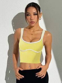 SHEIN Sports Áo ba lỗ thể thao cắt ngắn màu tương phản thường ngày mùa hè - Butter Yellow - Xem 5