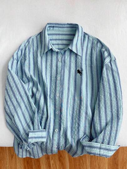 全新时尚宽松轻盈休闲条纹马刺绣长袖女式衬衫