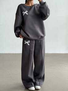 SHEIN 2pcs/Set Teen Girls Loose Fit Pullover Hoodie + Wide Leg Pants, Casual & Fashionable Everyday Wear Fall Winter - Grey - View 4