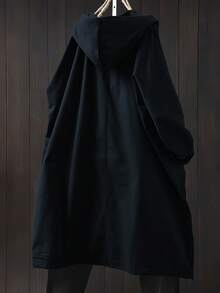 Linhara 大码休闲连帽长款夹克，带大口袋