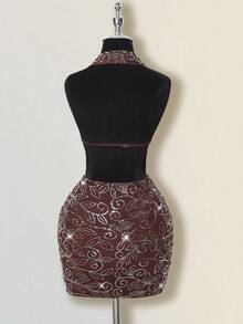 SHEIN ICON Women's Brown Homecoming Birthday Glitter Party Draped Neck Sequin Backless Dress