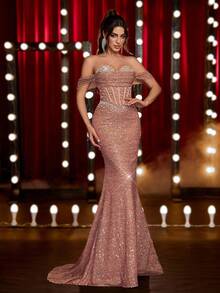 Glamrae Elegant Luxurious Champagne Elastic Beaded Sequin Ruched Mermaid Skirt, Suitable For Weddings, Parties, Vacations, Galas, Formal Occasions (Heavy Embellished) - Champagne - View 6