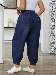 EMERY ROSE Plus Size Elastic Waist Tapered Leg Jeans, Casual Vacation - Dark Wash - View 2