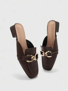CUCCOO BIZCHIC Sepatu hak tinggi wanita minimalis modis dengan ujung persegi dan hiasan rantai logam, cocok untuk liburan, perjalanan, dan gaya retro untuk Natal dan Musim Semi. - Coffee Brown - View 2