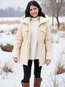 Áo khoác chắp vá mềm mại cho bé gái tuổi mới lớn có thiết kế tai 3D dễ thương, lót nhiệt dày, eo thắt chặt, - Màu be - Xem 8