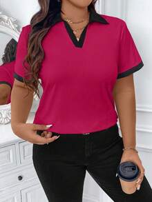 Elenzga Große Größen Lässig Farbblock Saum Kurzarm T-Shirt Grafik Oberteile Damen - Rot - Übersicht 6