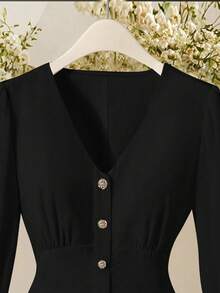 Franclia Elegant V-Neck Ruched Front Button Down Long Sleeve Blouse With Ruffle Cuffs, Suitable For Spring And Autumn - Black - View 5